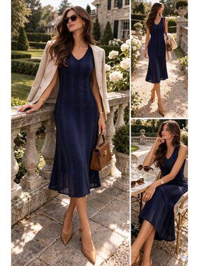 Carlisle New York Navy Sleeveless Knit Dress Size L Soft Minimal Midi